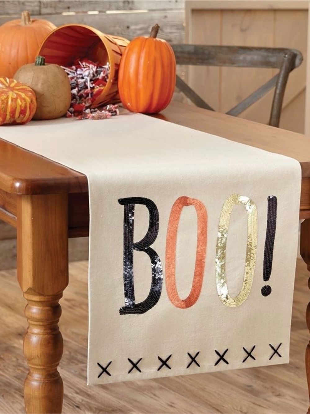 Mud Pie Cream Table Runner with Black and Orange Sequin BOO